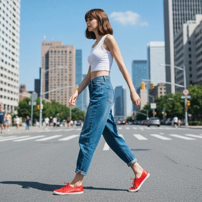 Person wearing stylish baggy jeans and ballet sneakers, walking on a city street, no text, no words, no typography, clean image