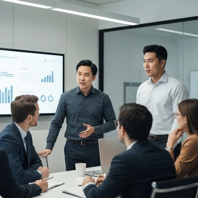 Startup founders presenting to investors in a modern office setting