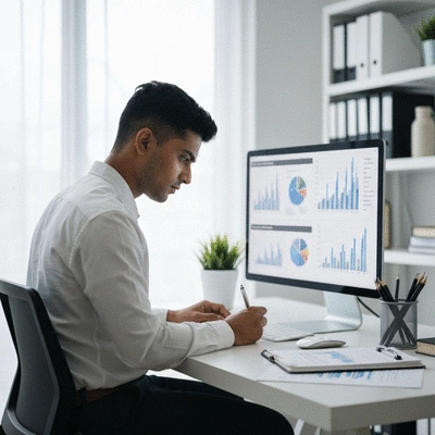 Person planning SEO strategy on a modern desk, with charts and graphs visible on a screen, no text, no words, no typography, 8K, clean image