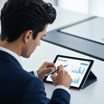 Person reviewing ROI metrics for video SEO on a tablet with graphs and data points