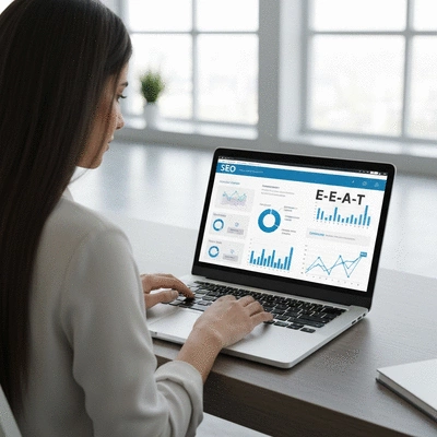 Person using a laptop with SEO analytics on screen, demonstrating E-E-A-T principles, clean image