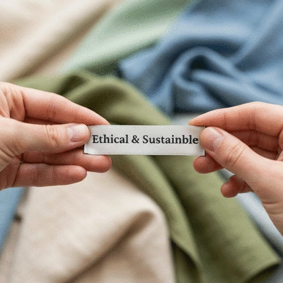 Close-up of a person's hands holding a garment label that reads 'Ethical & Sustainable', with a soft-focus background of eco-friendly fabrics, no text, no words, no typography, 8K, clean image