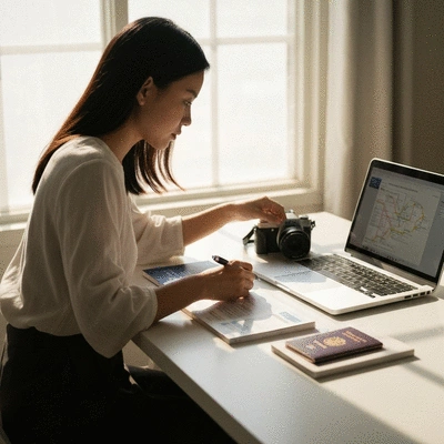 Person planning a trip on a laptop with a downloadable travel guide open, surrounded by travel items like a camera and passport, no text, no words, no typography