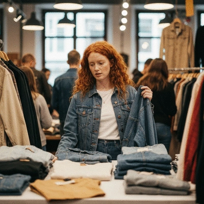 Woman happily browsing clothes in a thrift store, holding up a vintage jacket