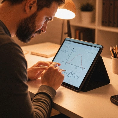 Person studying SEO trends on a tablet, with charts and graphs on screen, representing continuous learning