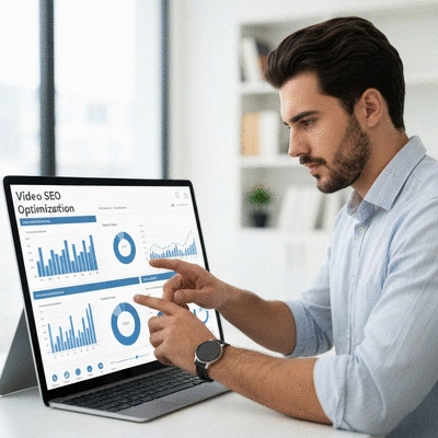Person analyzing video SEO optimization strategies on a digital dashboard, with charts and graphs showing data