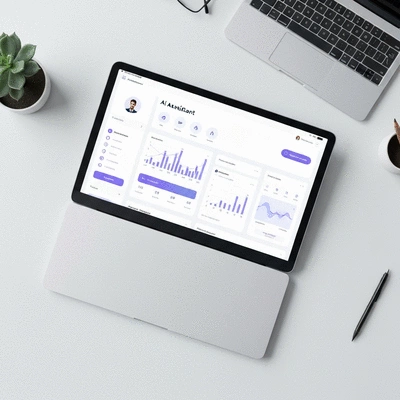 Digital guide or eBook mockup with resources and support information for AI entrepreneurs on a clean desk, no text, no words, no typography, clean image