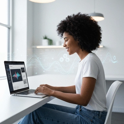 Person creating content on laptop with AI tools, showing generative engine optimization concepts