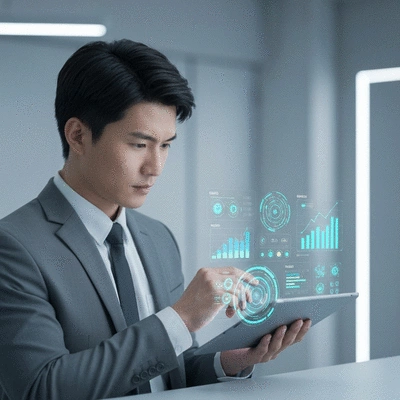 Professional working on a tablet with glowing futuristic data visualizations representing SEO analytics, clean image, no text, no words, no typography, 8K