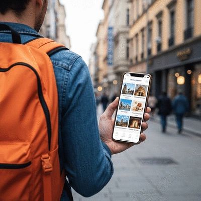 Person holding a smartphone with a travel guide app open, showing a map and local attractions, in a vibrant city setting, no text, no words, no typography
