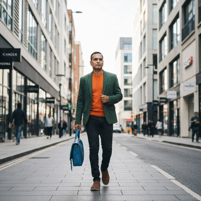 Person wearing a stylish outfit with a cool blue handbag and persimmon top, walking on a city street