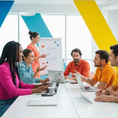 Diverse startup team collaborating in a modern office, working on laptops and whiteboards