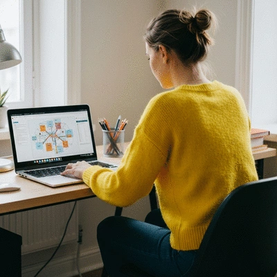 Person using a laptop with a branded search engine results page on screen, illustrating brand authority