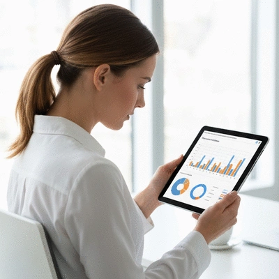 Modern news publisher analyzing data on a tablet, with charts and graphs, clean image, no text, no words, no typography