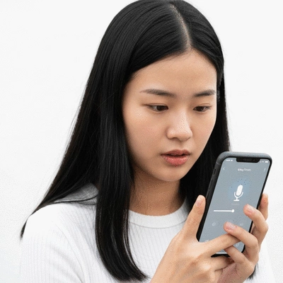 Person speaking into a smartphone for voice search, with a clear, modern interface, clean image