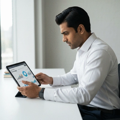 News publisher reviewing analytics data on a tablet, showing GEO strategy implementation