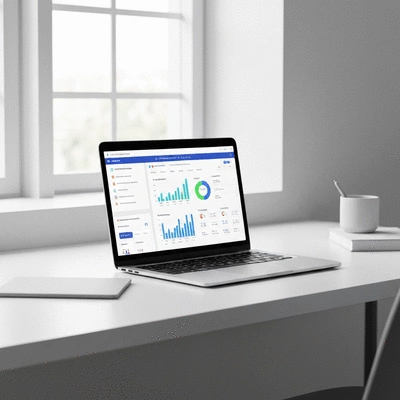 Modern workspace with a laptop displaying a vibrant AI-driven SEO dashboard and analytics, clean image, no text, no words, no typography, 8K